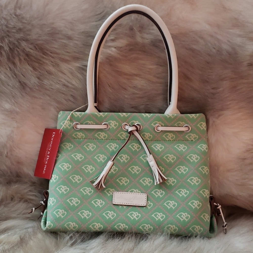 NEW Dooney & Bourke Green & Pink mini tassel tote